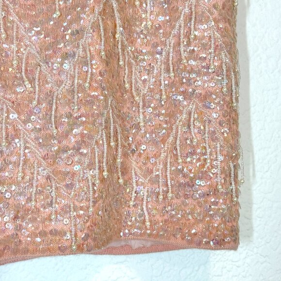 Vintage 1960s Pink Beaded Sequin Wool Top Medium Hong Kong Sleeveless Tank Fancy - Picture 4 of 9